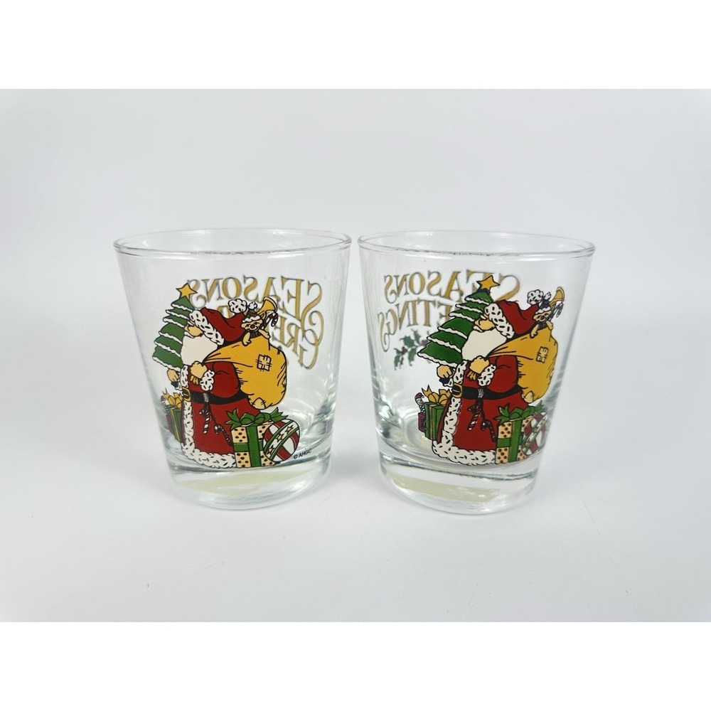 Vintage Anchor Hocking Seasons Greetings Santa Christmas Glasses Set of 2